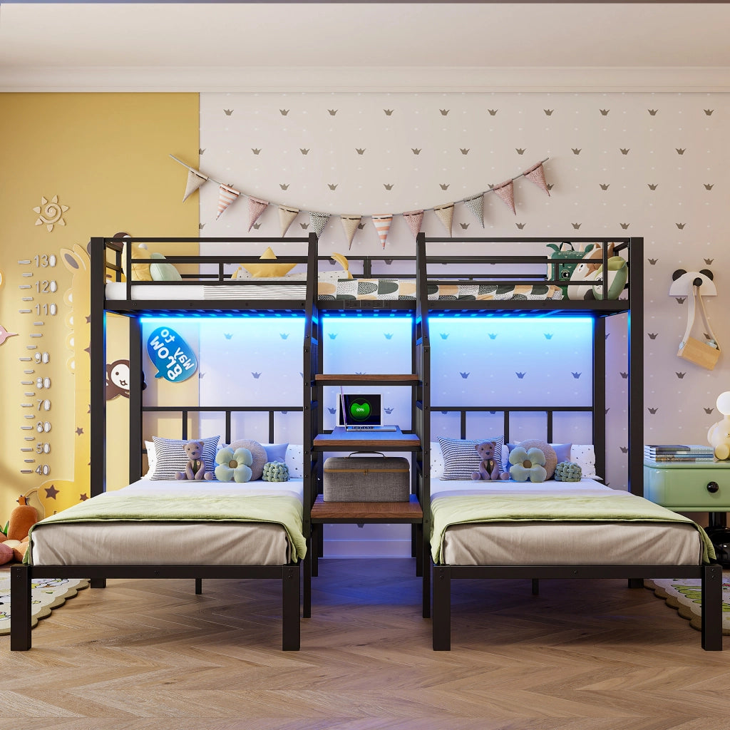 Letto a castello 90x200 cm - Zephmum- 3 posti, LED, scrivania, scaffale, USB, nero
