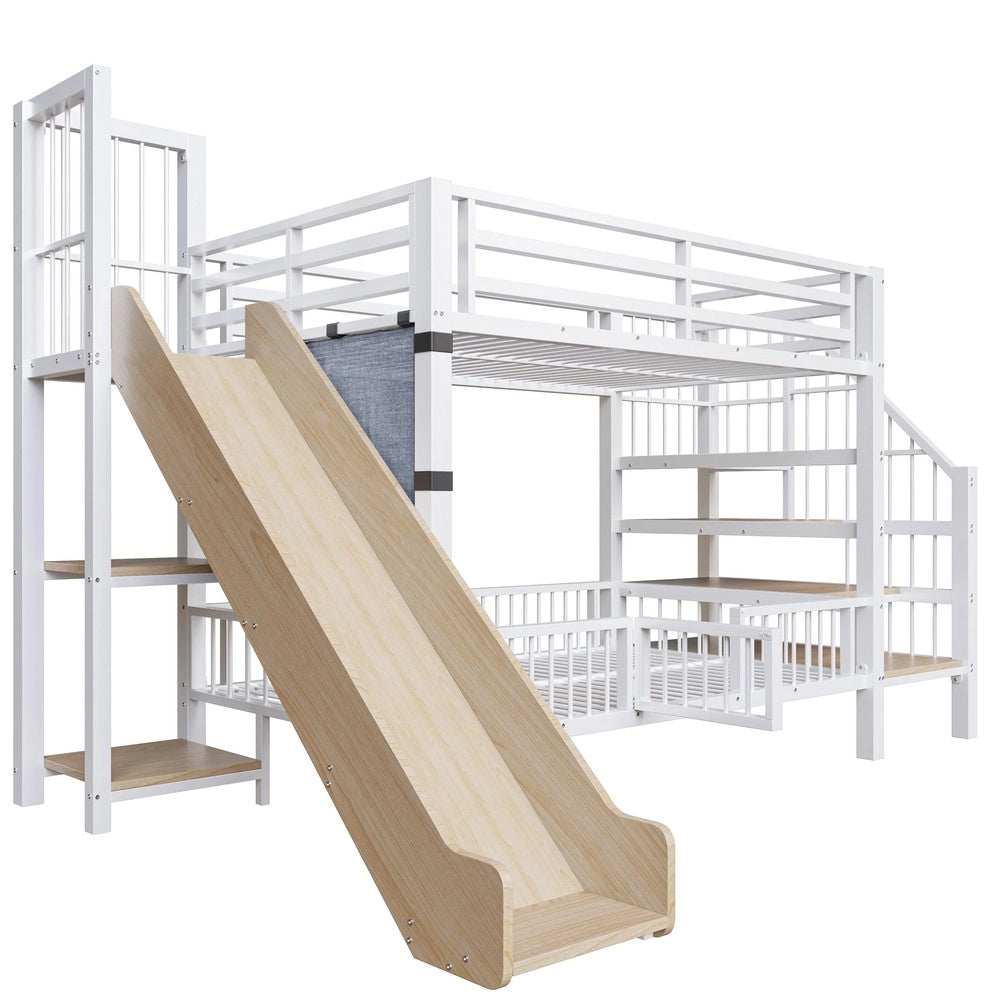 Letto a castello in metallo con scivolo e scala - Zephmum - 90x200 cm - Bianco - Con ripiani integrati e porta di sicurezza