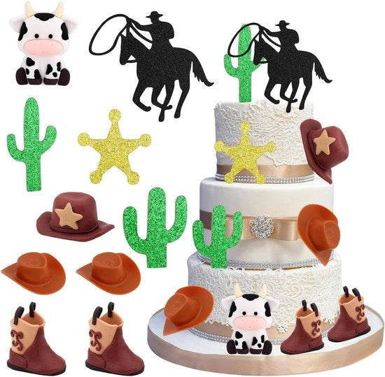 Decorazioni per torta western con cowboy, stivali e cactus, 10 pezzi