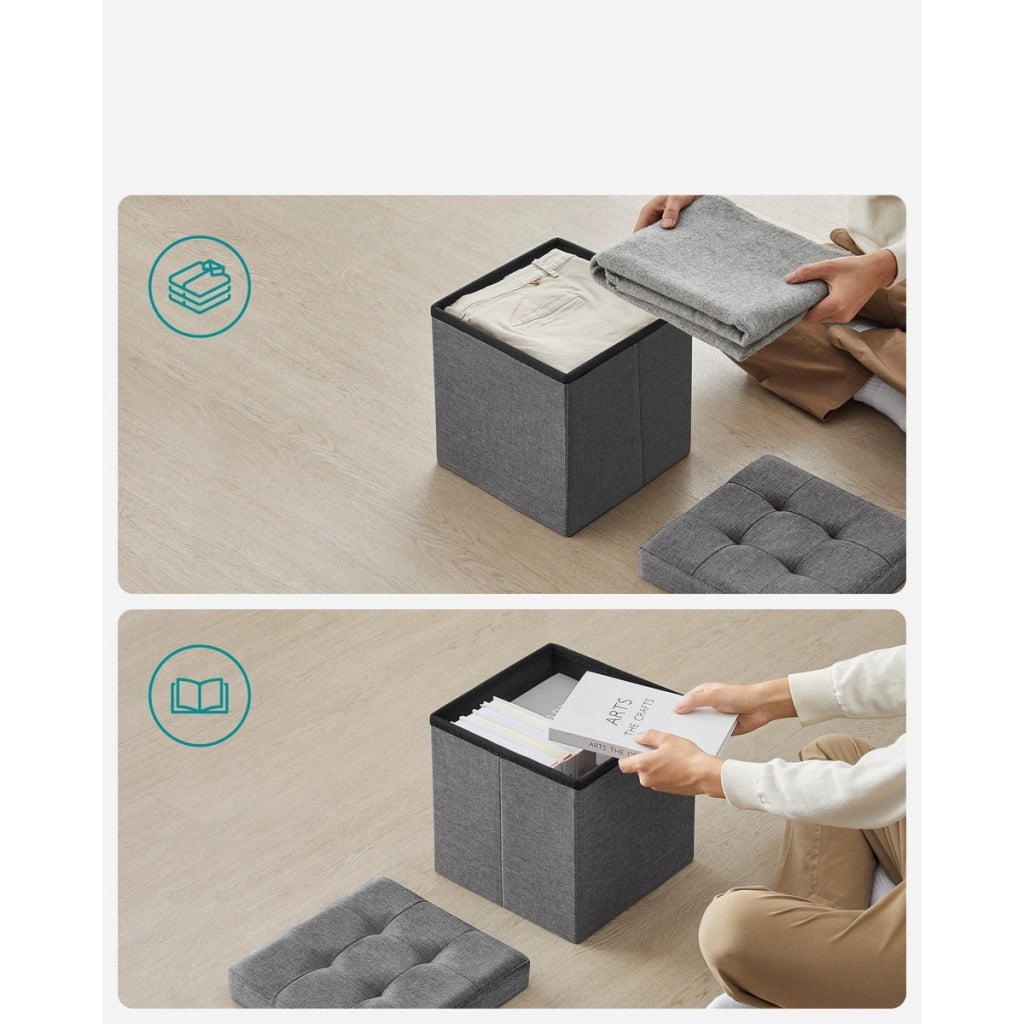 Pouf contenitore pieghevole grigio scuro effetto lino