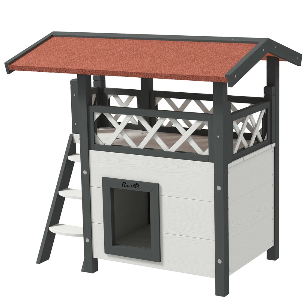 Casetta per Gatti Esterni con Terrazza e Scala ¨C Xylo ¨C Bianco e Rosso 77x50x73cm
