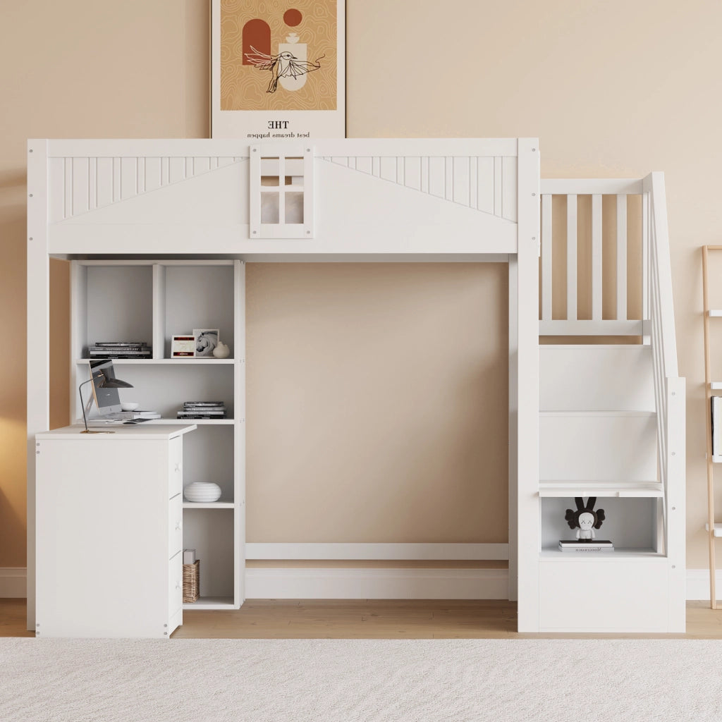 LETTO a soppalco 90x200 cm bianco con scrivania, cassetti e armadi