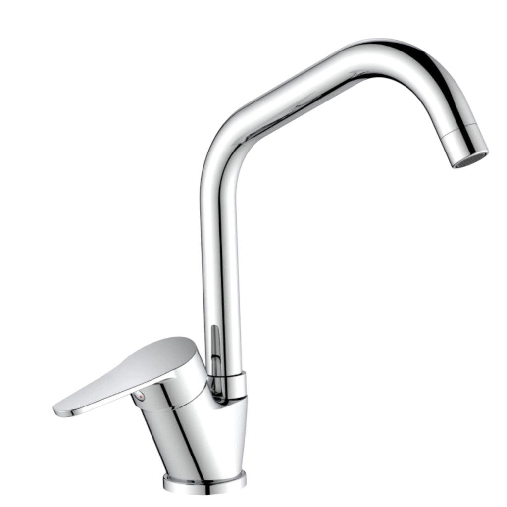 Miscelatore per cucina in ottone cromato, canna a ponte