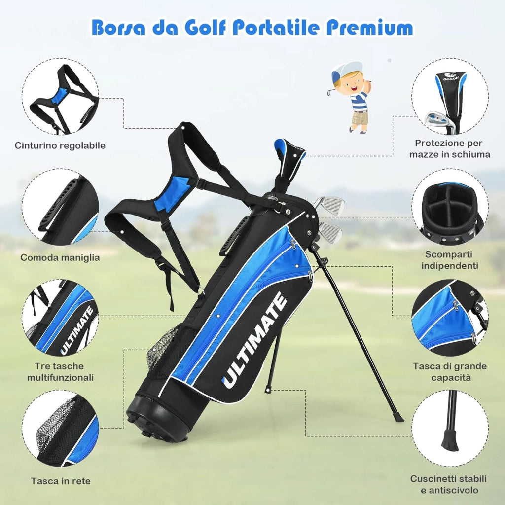 Set di Mazze da Golf per Bambini 8-10 Anni, con Legno da Fairway 3, Ferri 7 e 9, Putter, Coprimazze, Sacca da Golf, Perfetto per Bambini e Bambine