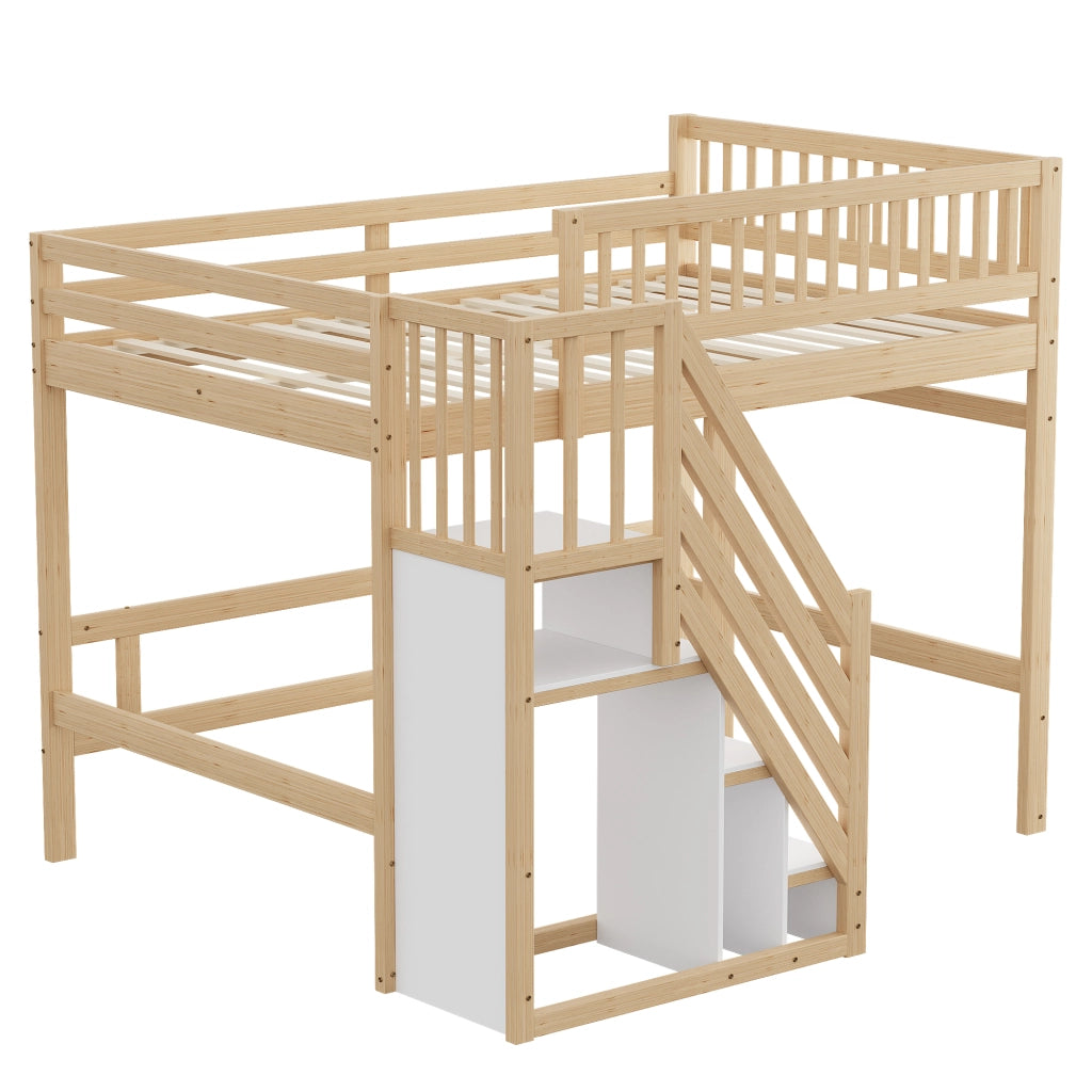 Letto a soppalco in legno massiccio 140x200 con scala contenitore e sponda alta