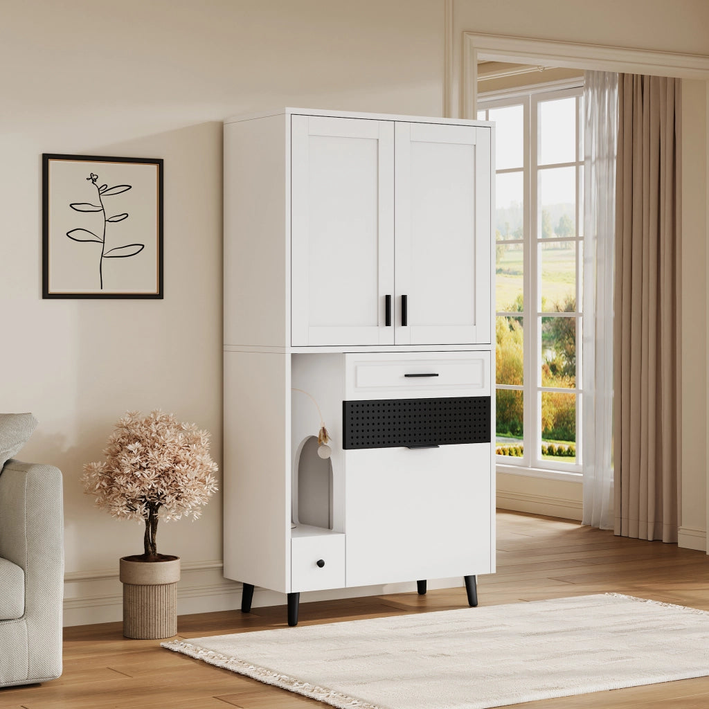 Mobile contenitore per gatti con ripiani regolabili e cassetti in legno bianco 80 × 40 × 161 cm