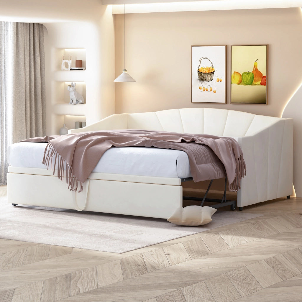Letto poltrona estraibile in velluto beige 90x200 cm