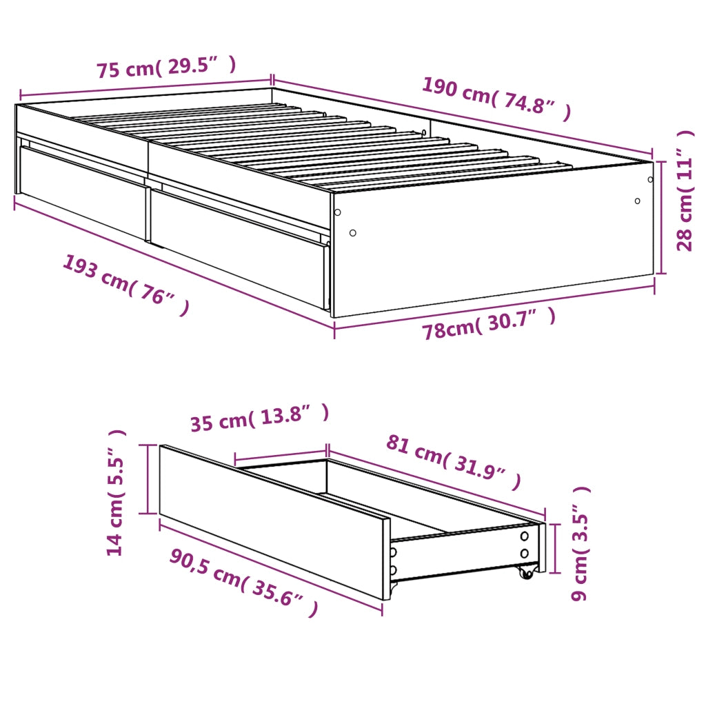 Letto singolo | Letto per adulti | Giroletto con Cassetti Rovere Fumo 75x190 cm Legno Multistrato