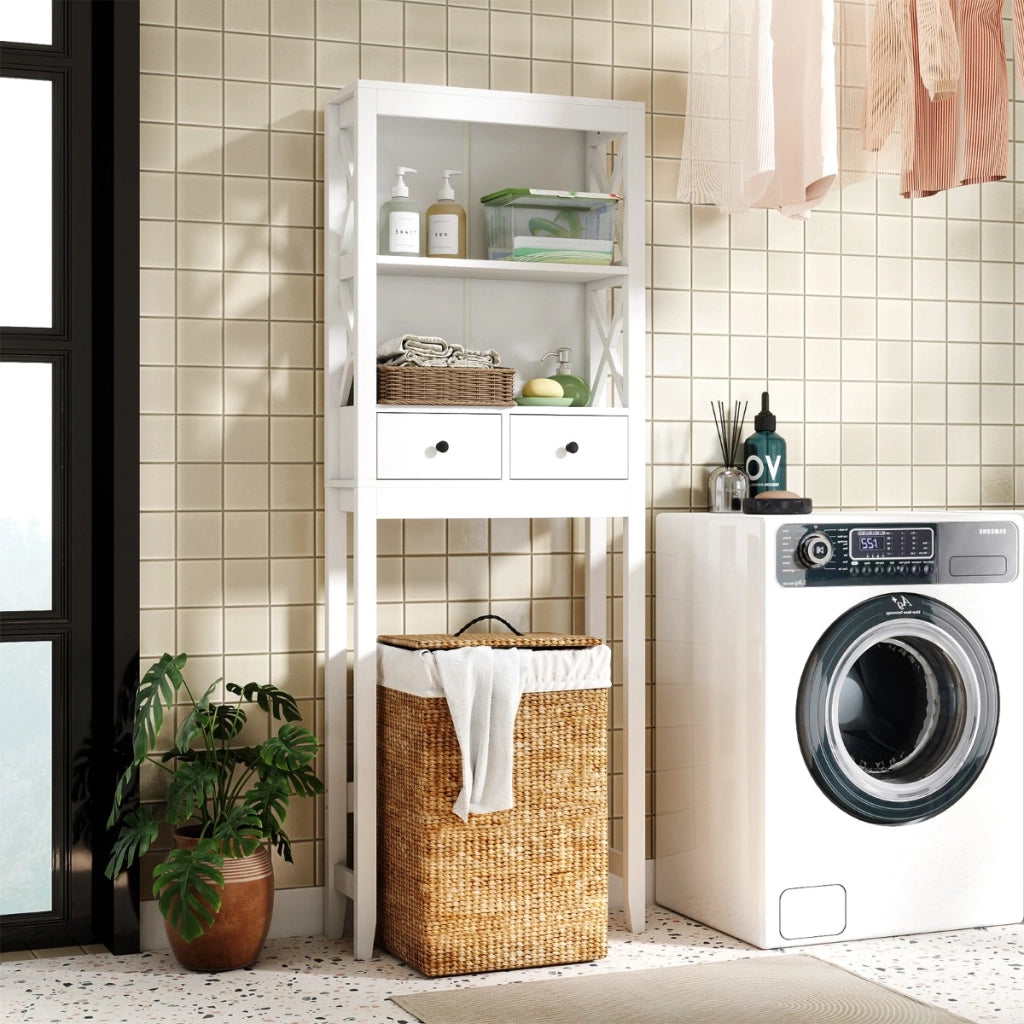 Organizzatore da bagno indipendente alto 165 cm con ripiani aperti, Mensola sopra il WC per lavanderia Bianco-Armadietti da bagno