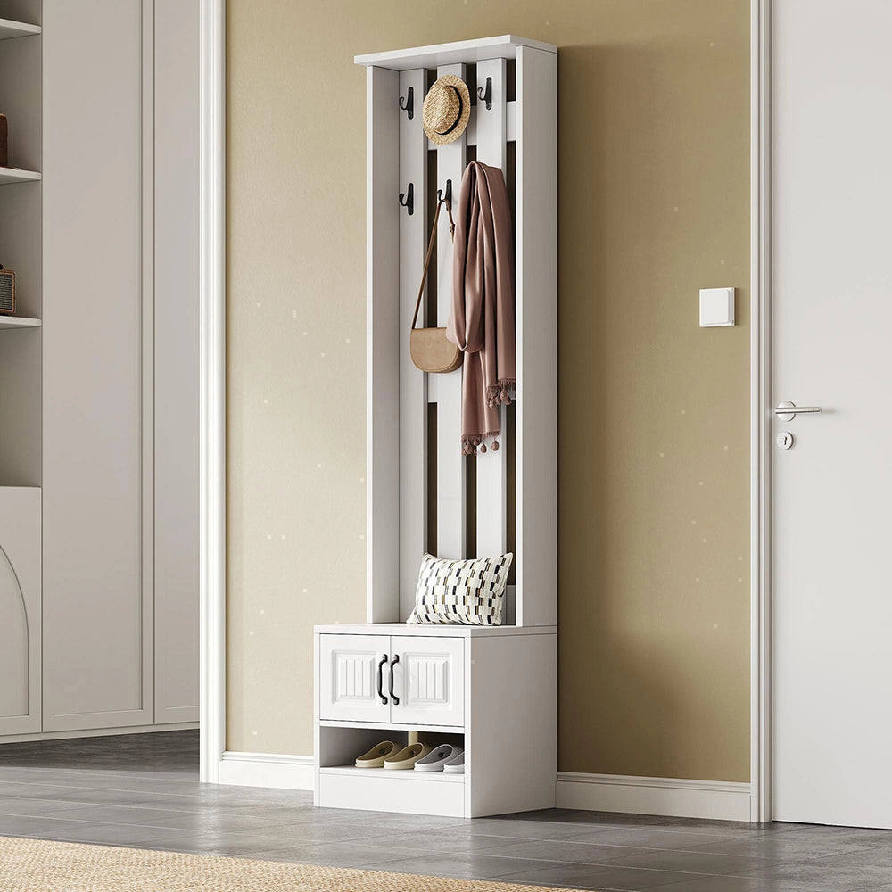 Panchina appendiabiti ingresso 50x36x190 cm - Xylo - 2 ante, schienale con 8 ganci, bianco