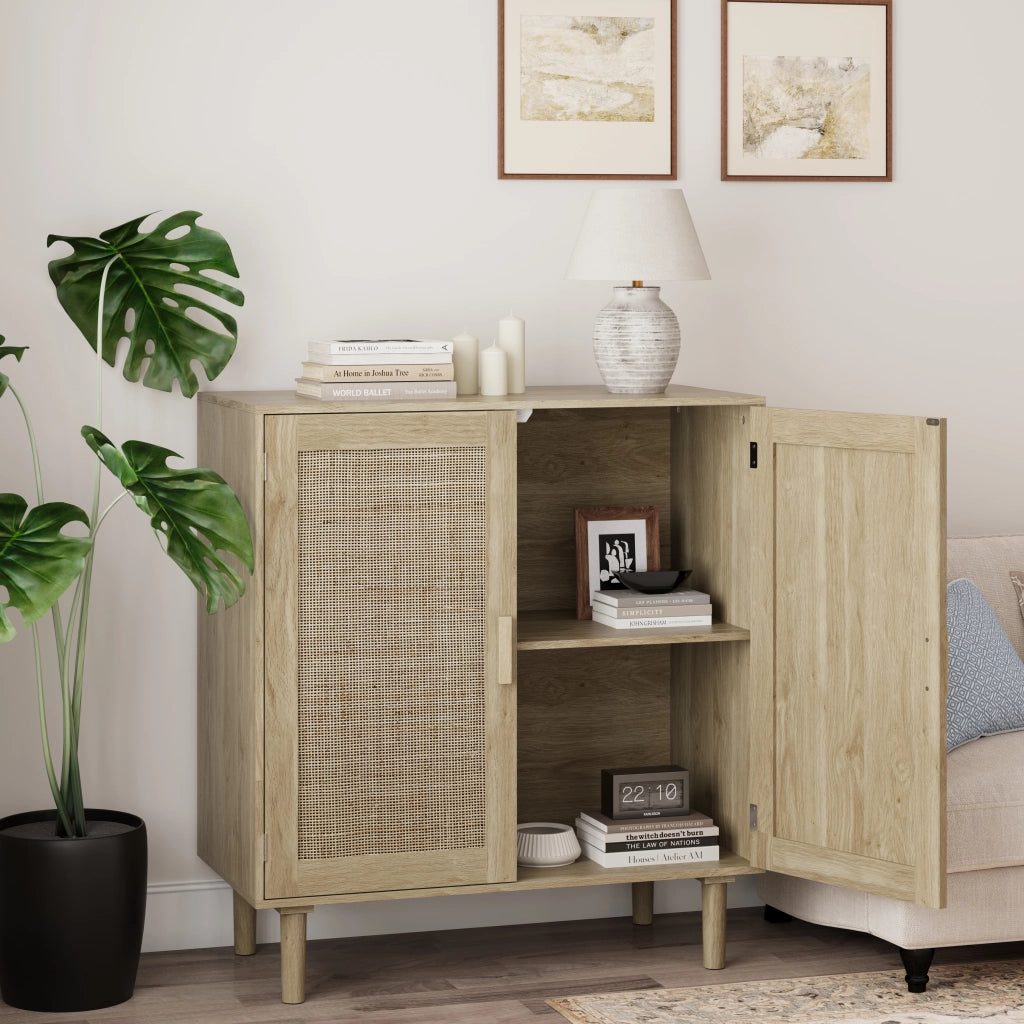 Credenza a 2 ante in rattan e MDF con maniglie in legno, per soggiorno e ingresso, naturale, 80 × 40 × 88 cm