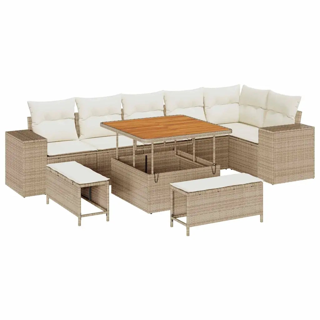 Set Divano da Giardino 9 pcs Beige e Crema polyrattan