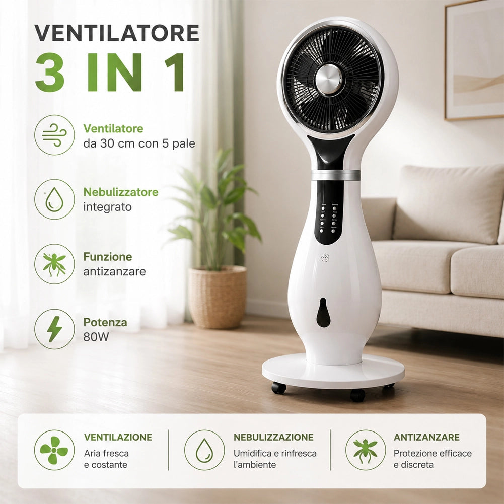 Ventilatore con Ruote Combinato Umidificatore Ioni Anti Zanzare 40x40x110cm