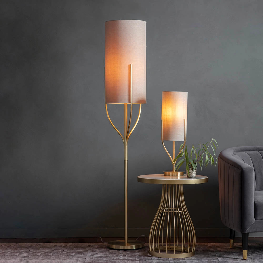 Lampada da terra Fraser ottone satinato lino E27 Endon