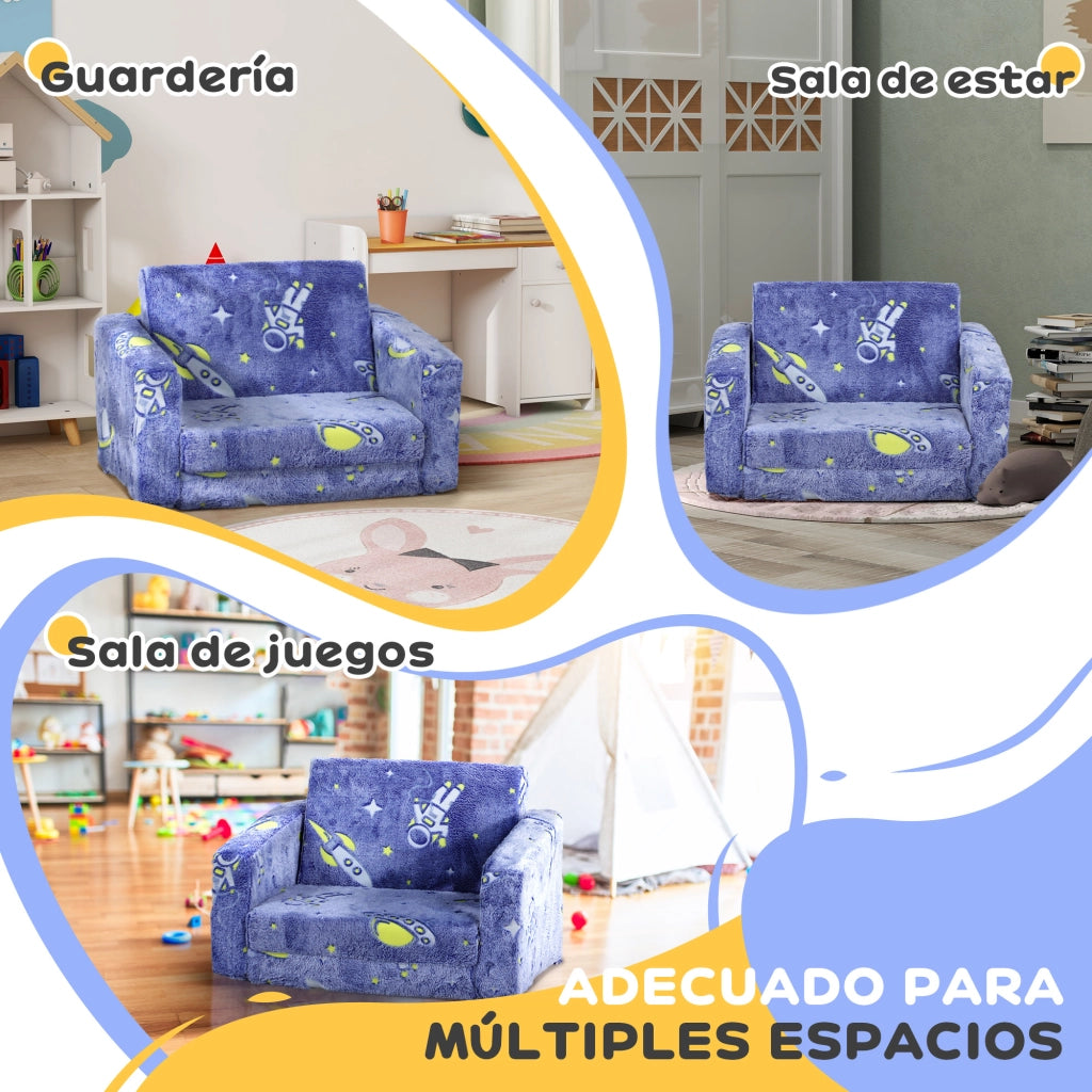 Divano letto per bambini 2 posti ¨C Minimal ¨C Tessuto blu con cuscini lavabili