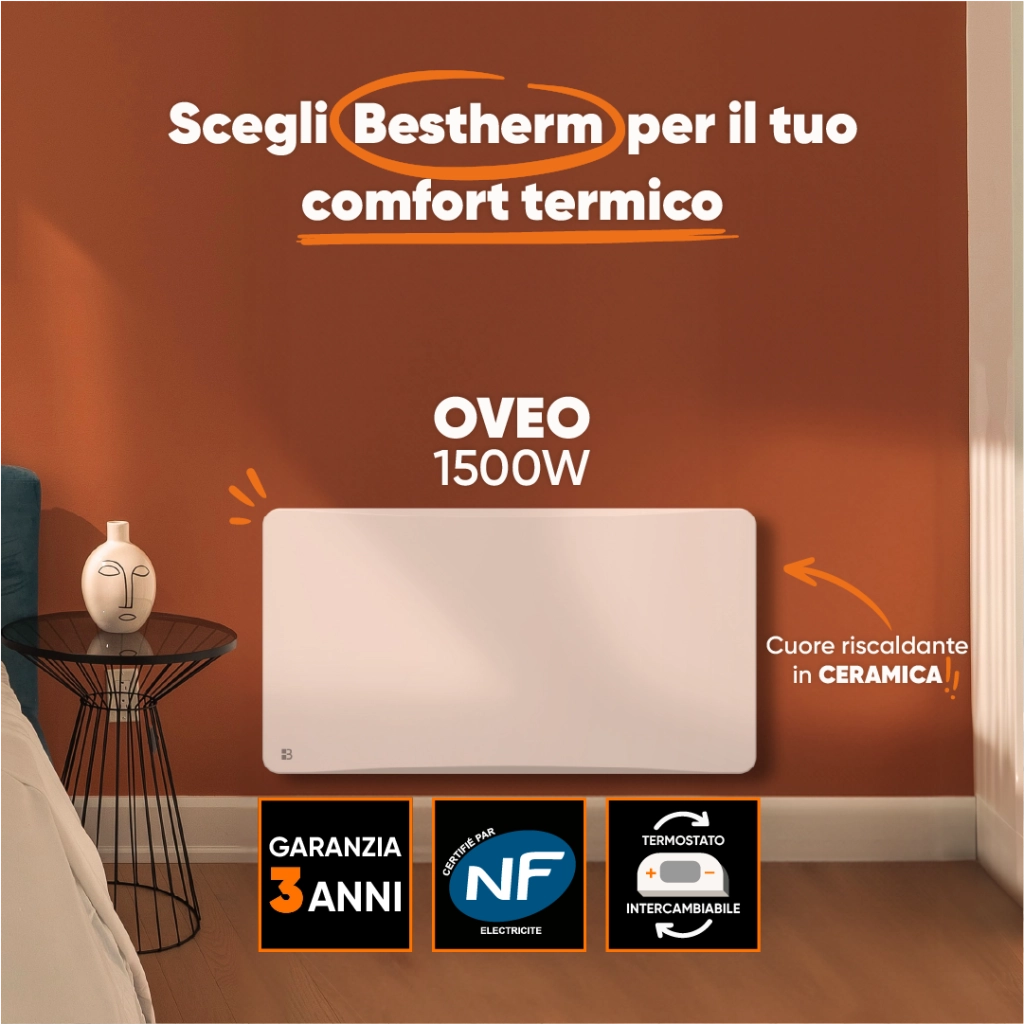 Radiatore elettrico fisso con inerzia ceramica a secco 1500W plug & play OVEO orizzontale bianco