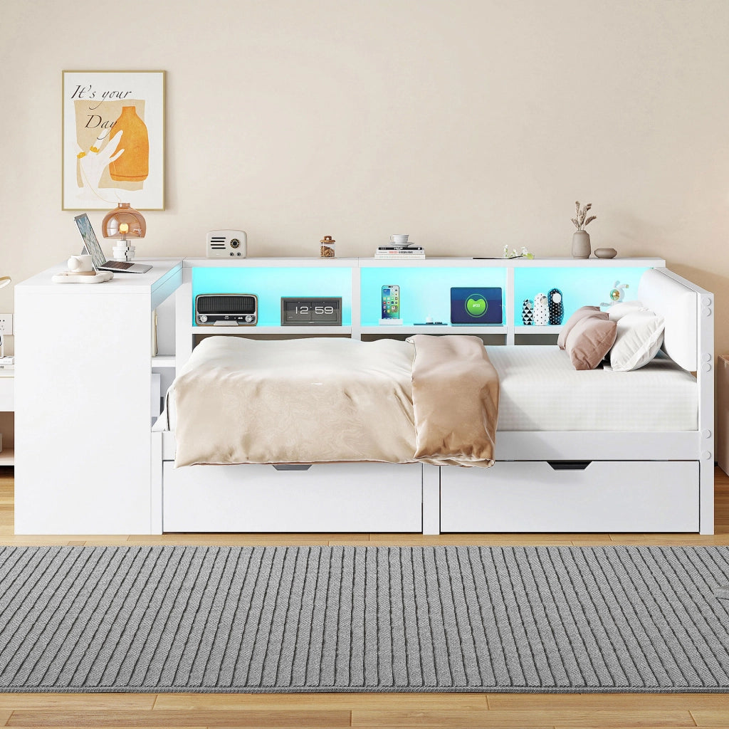 Letto legno 140x200 ripiani cassetti ricarica LED bianco