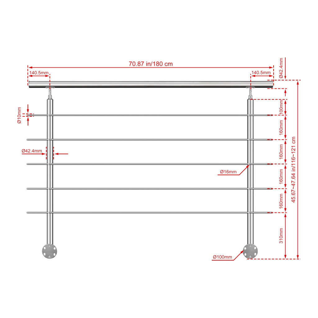 Ringhiera Balaustra Corrimano in acciaio inox 304 spazzolato per scale 180 cm, 5 barre trasversali, fissaggio laterale, per interni ed esterni