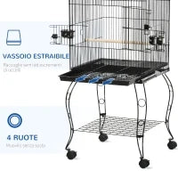 Gabbia per Uccelli da Interni in Legno con Vassoio, 4 Ruote e Trespolo, 50x49x137cm