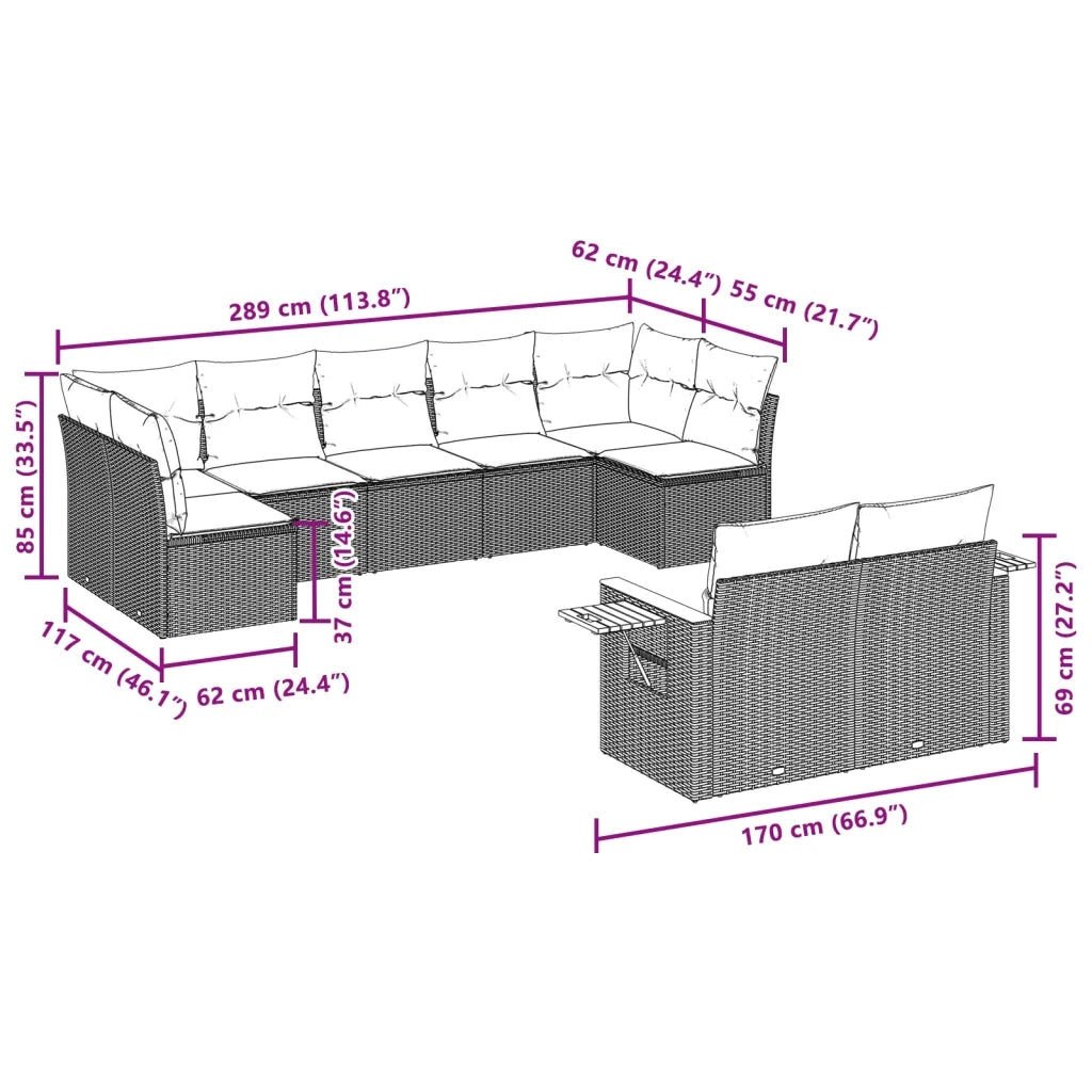 Set Divano da Giardino 9 pz con Cuscini Beige in Polyrattan