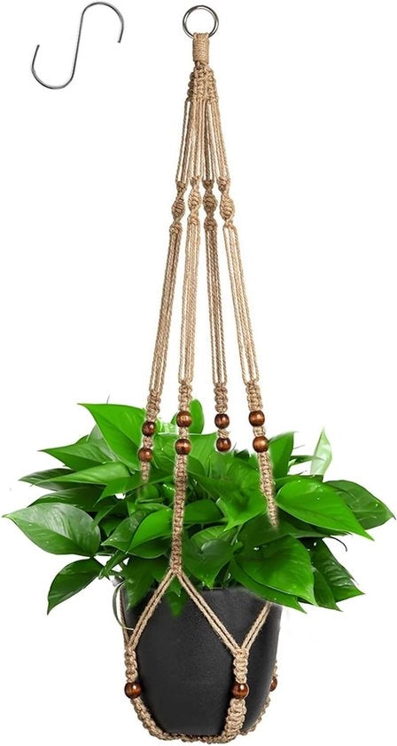 Decorazione Macramè per Piante - Corda Juta Sospesa con Campanelli in Legno - Decorazione Boho - Cesto per Piante per Terrazzo - Decorazione per Interno e Esterno - Supporto per Piante da Parete - 1 Gancio - 90 cm
