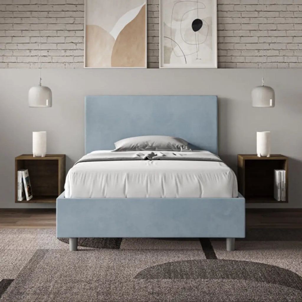 Letto una piazza e mezza senza rete imbottito 120x200 microfibra azzurro Adele