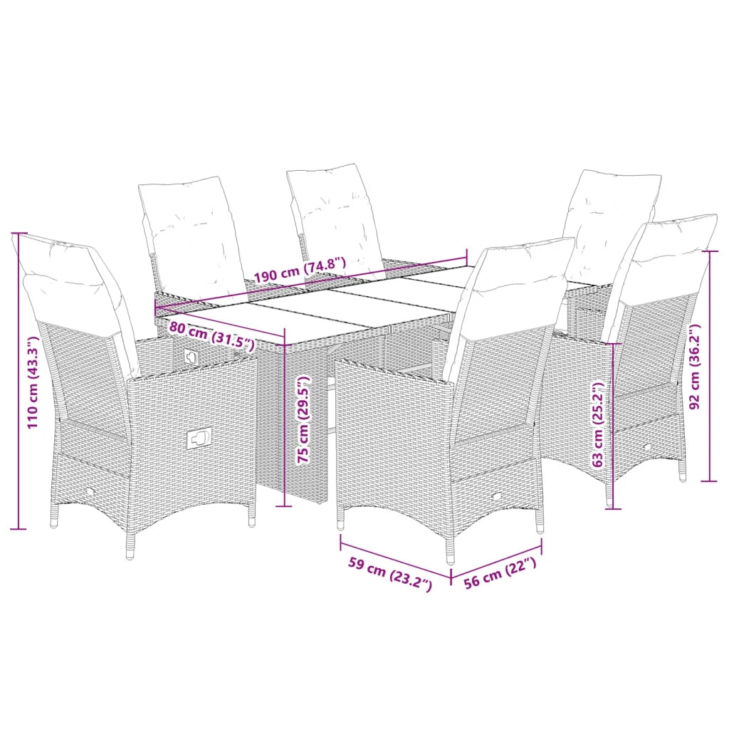 Set da Pranzo da Giardino 7 pz con Cuscini Beige in Polyrattan