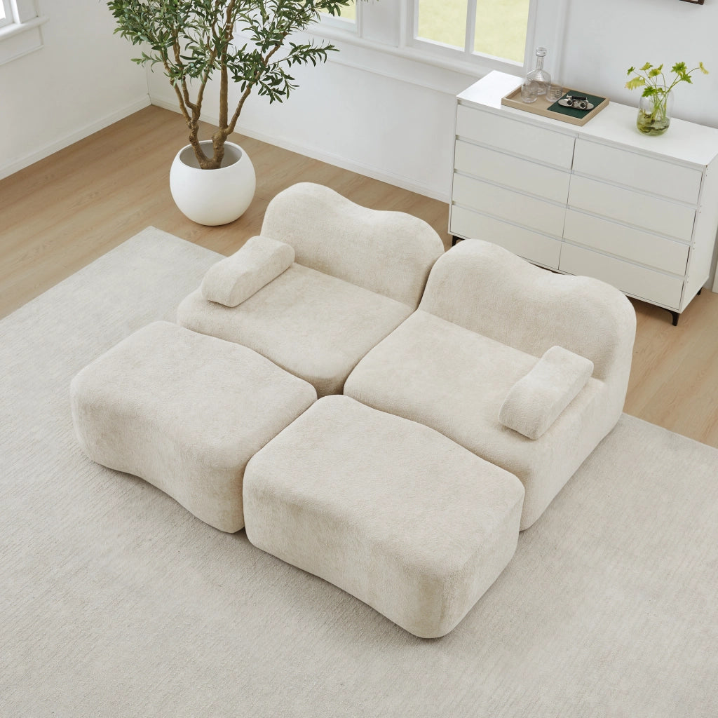 Divano modulare 2 posti con pouf in schiuma 32D e velluto beige