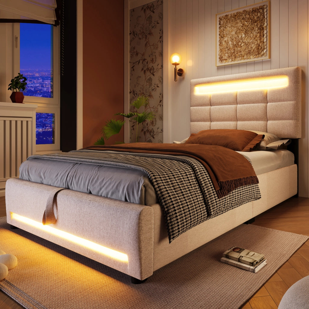 letto imbottito lino beige 90 x 200 cm