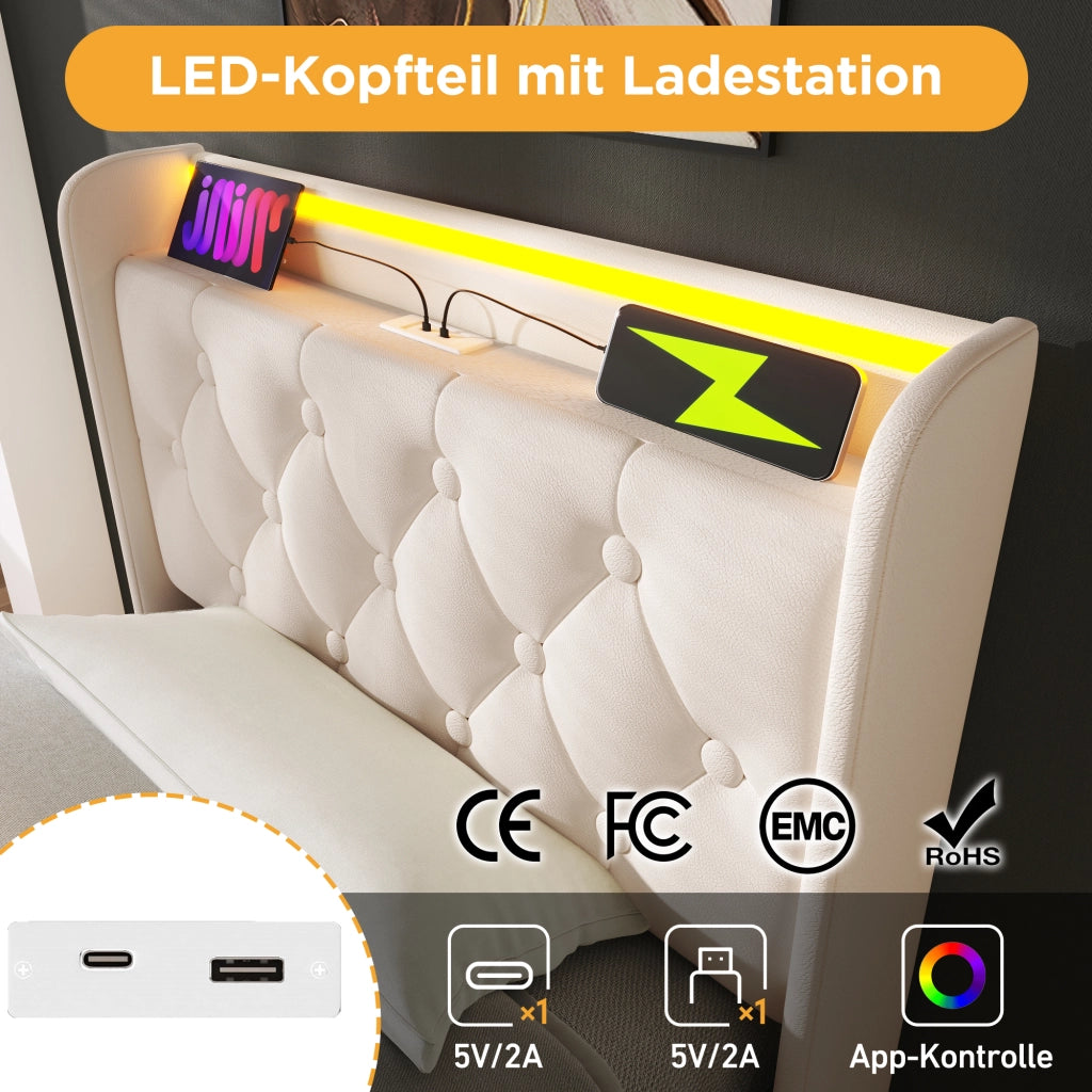 DESMIU Letto singolo 90 × 200 cm con contenitore, LED, USB e Type-C, con materasso, in PU, bianco