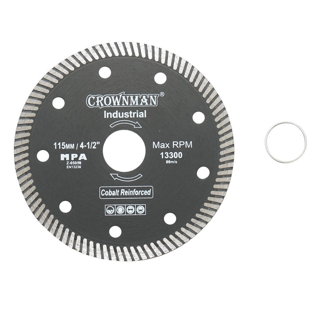 Disco diamantato turbo 115x22.23x1.35 mm, velocità massima 13.300 giri/min, taglio a umido/asciutto per pietra e piastrelle ceramiche, Crownman.