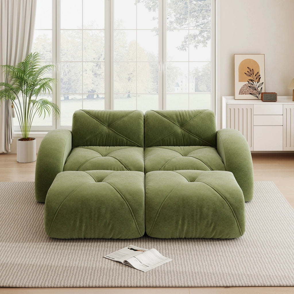 Divano modulare 2 posti con pouf - Zephmum- Verde, antiscivolo, senza montaggio