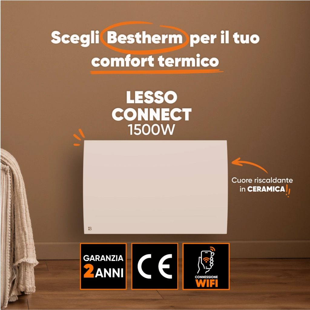 Radiatore elettrico fisso connesso WIFI con inerzia a secco in ceramica 1500W LESSO CONNECT orizzontale bianco