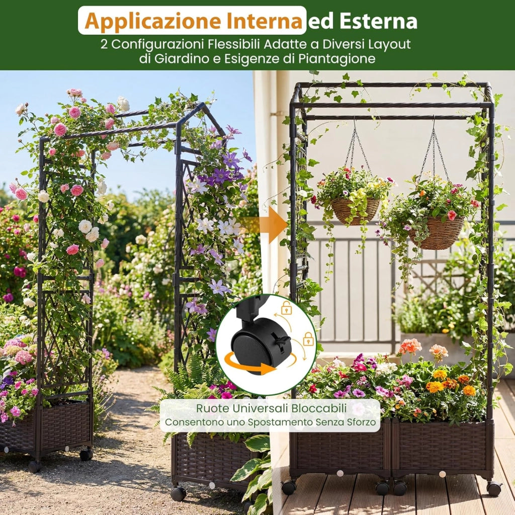 Fioriera Rialzata da Giardino con Grigliato, Tetto, Ruote Bloccabili e Irrigazione Automatica, Letto da Giardino Rialzato Alto in Rattan Impermeabile per Piante Rampicanti (Marrone)