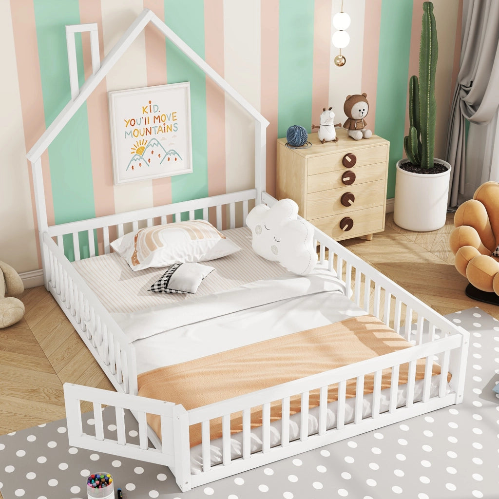 LETTO per bambini 140x200 cm con sponde di sicurezza, pino e MDF bianco