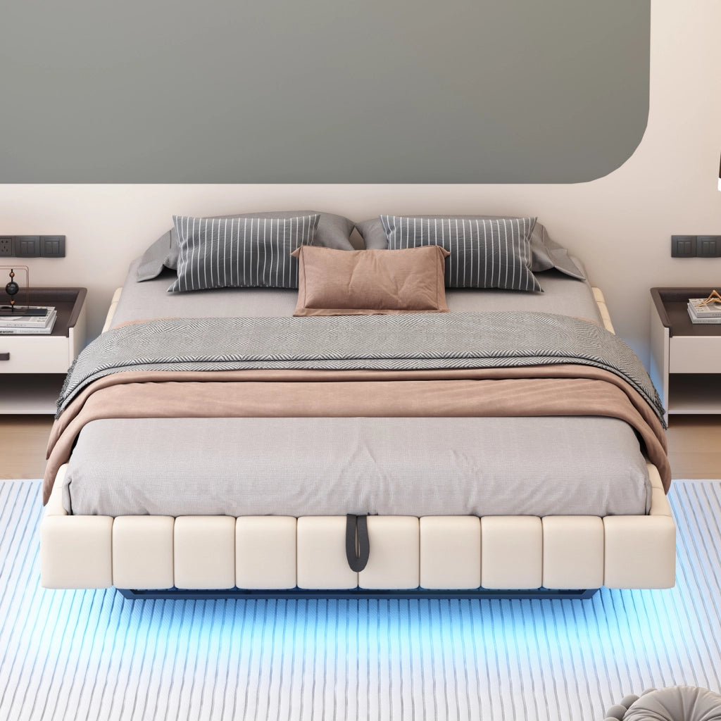 LETTO Imbottito Sospeso 180x200 cm Beige con LED e Contenitore