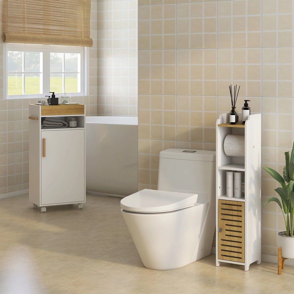 Armadietto Bagno con Ripiani Regolabili e Ruote ¨C Minimal ¨C Bianco Rovere 40x30x88