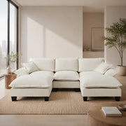 Scaffale modulare con seduta a U e 2 pouf mobili in chenille beige 263 × 151 × 90 cm