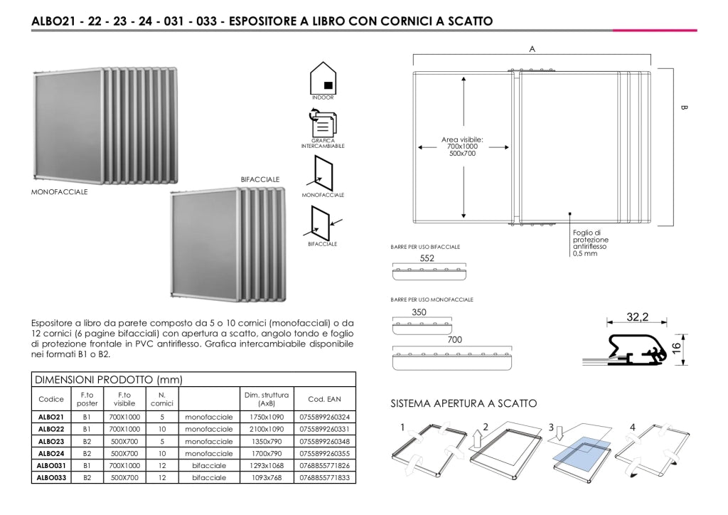 Espositore a parete con cornici a scatto - 5 Cornici 70 x 100