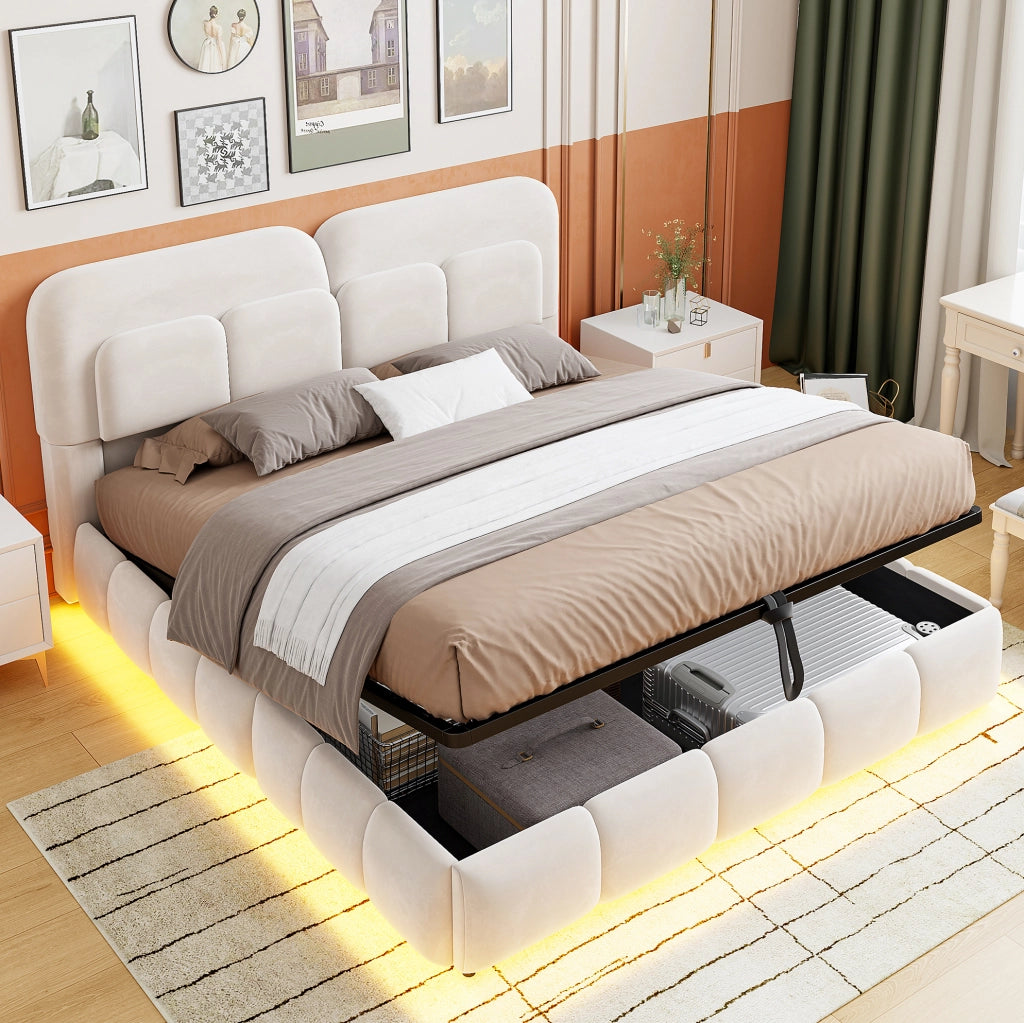 Letto matrimoniale imbottito 140x200 cm in velluto beige con LED e contenitore idraulico