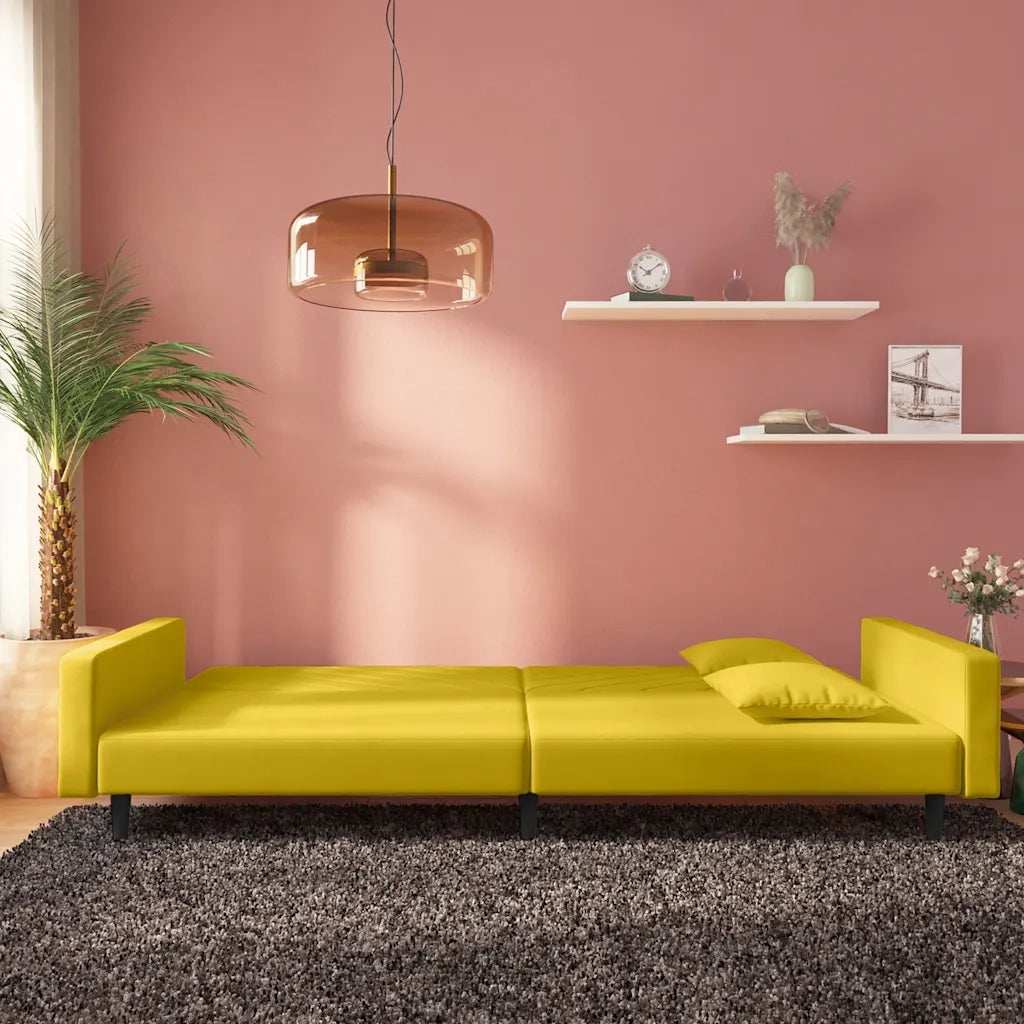 Divano Letto a 2 Posti con 2 Cuscini Giallo in Velluto 375924