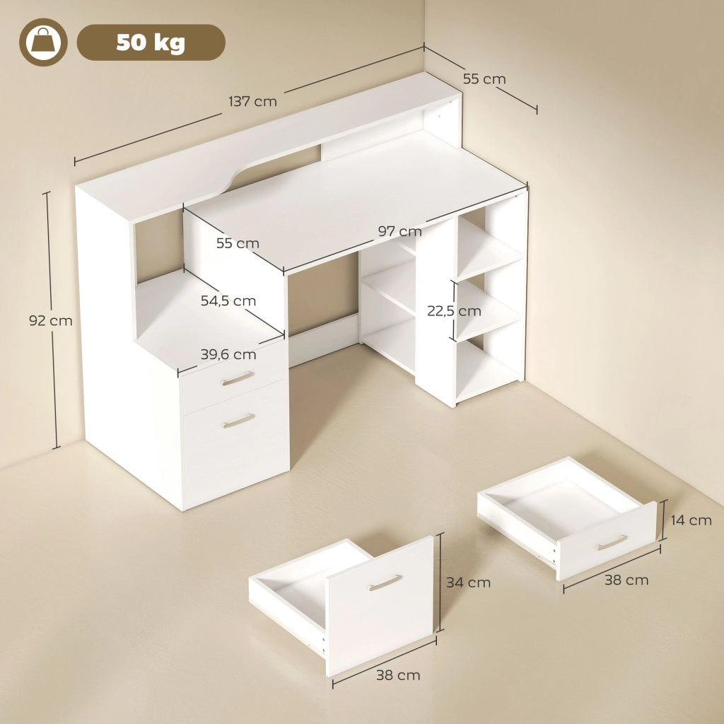 Scrivania per computer con cassetti e ripiani ¨C Xylo ¨C bianco 137x55x92cm