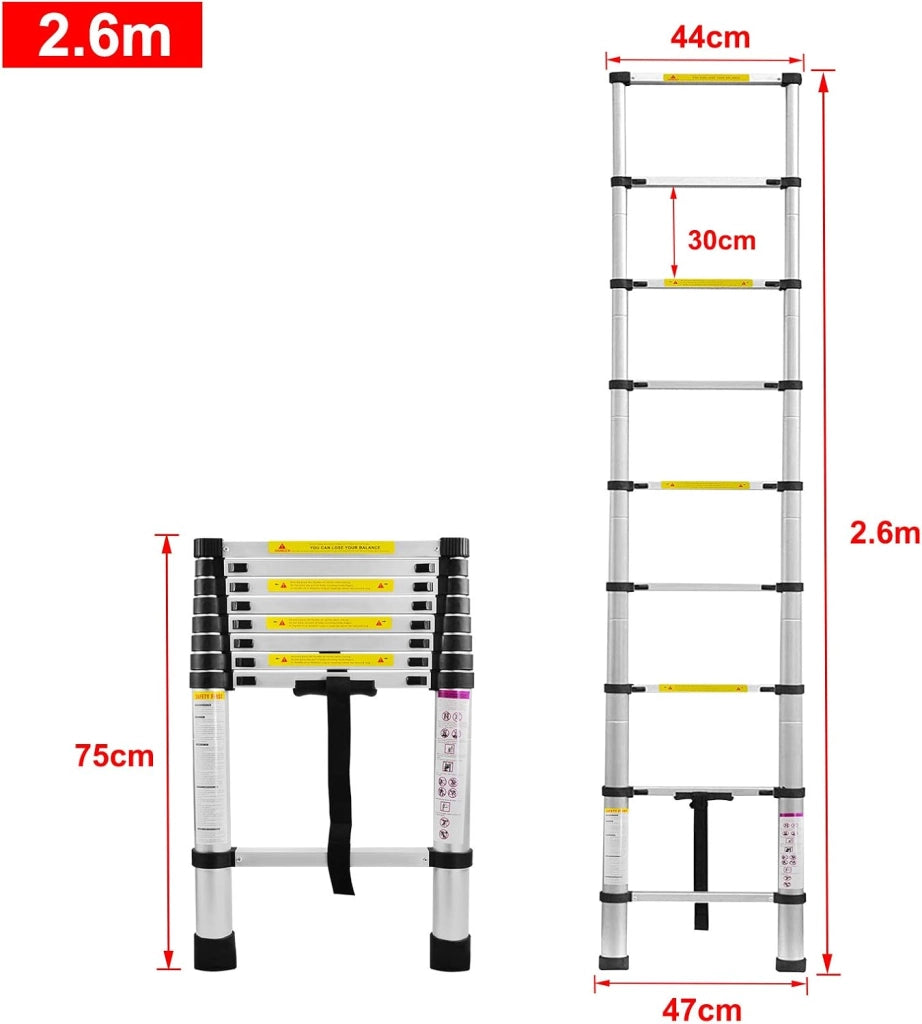 Scala telescopica da 2,6 m, in alluminio, allungabile, con 9 pioli, in alluminio, allungabile, per soffitti e magazzini, capacità di carico 150 kg, colore: argento