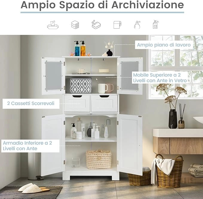 Armadio da Terra con 4 Ante, Mobile da Bagno con 2 Ante in Vetro 2 Cassetti e Ripiani Regolabili, Armadio Multifunzionale per Bagno e Soggiorno, 60x30x128cm (Bianco)