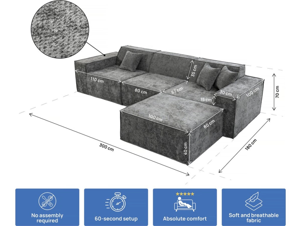 Divano componibile dritto con pouf in tessuto texturizzato "Lusso" - 4 posti - Grigio