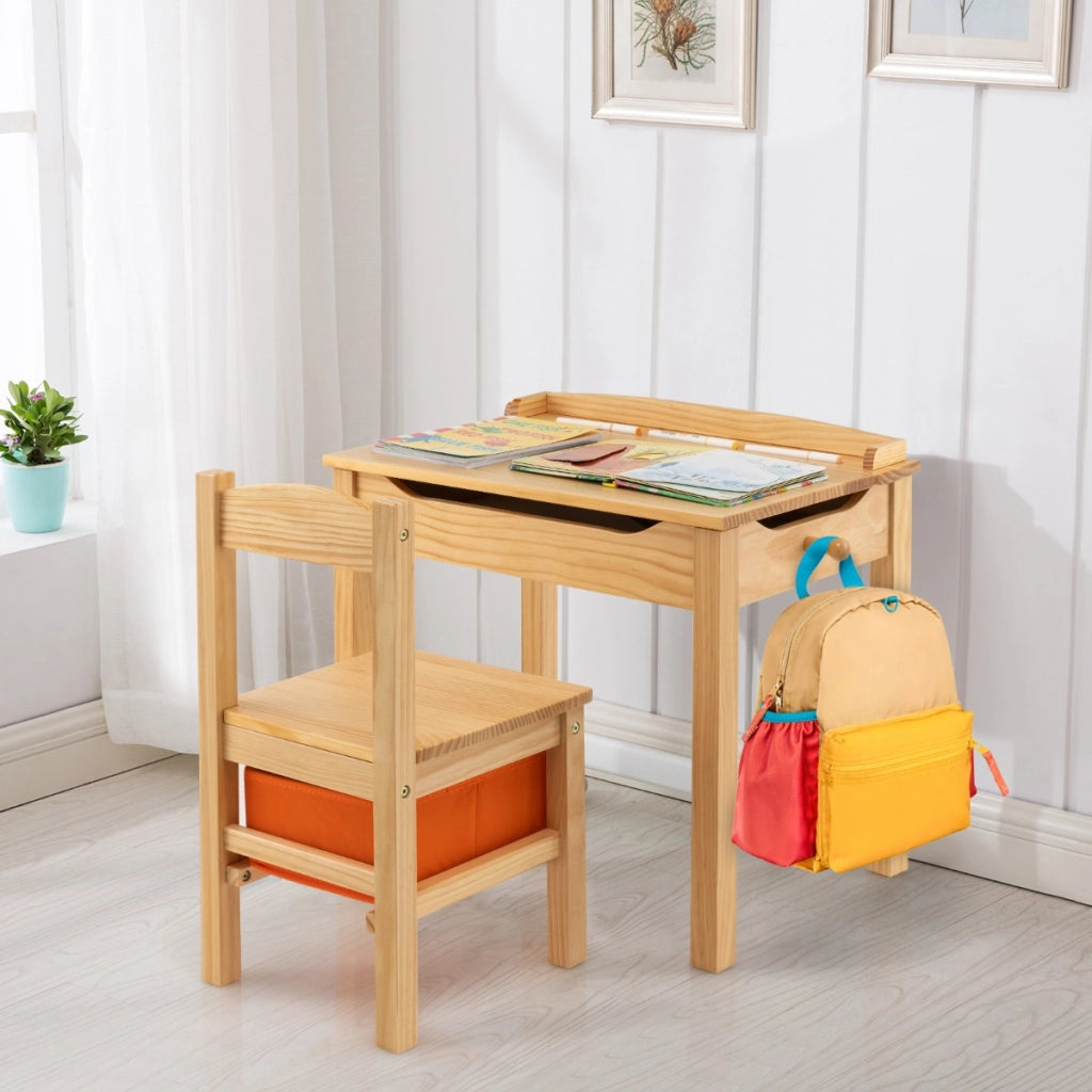 Set tavolo e sedia per bambini in legno massello, Scrivania ribaltabile con sedia per stanza giochi asilo Naturale-Tavoli e sedie