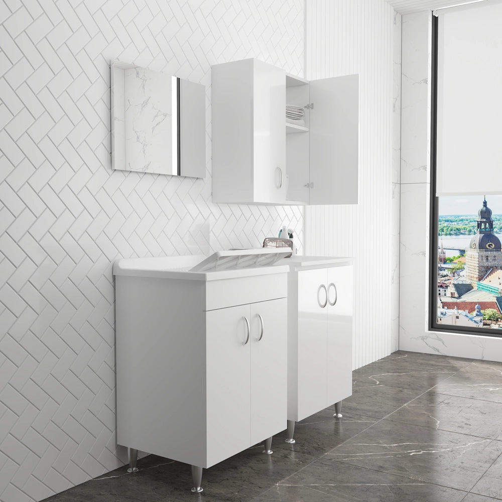 Set lavanderia con lavatoio base e pensile in legno bianco Fedra