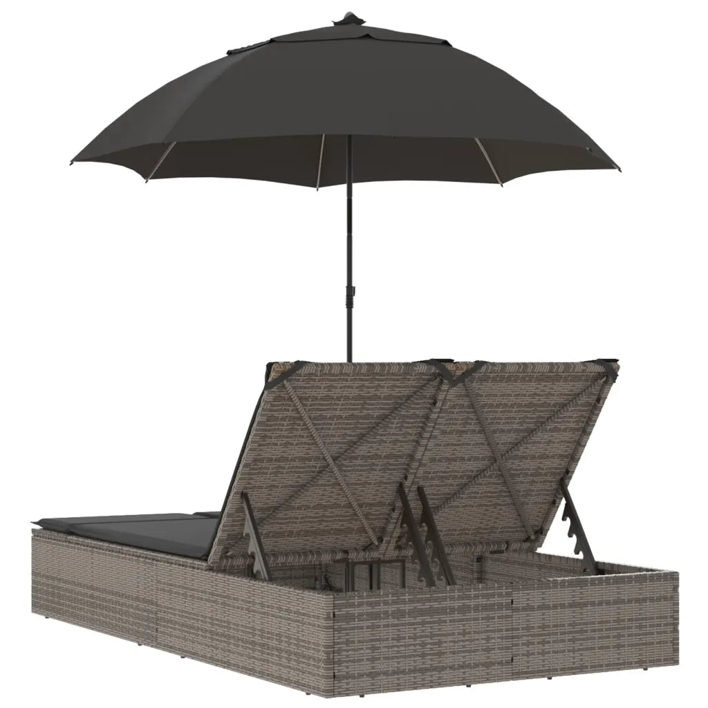 Lettino Prendisole | Sdraio da giardino | Lettino da sole Doppio Cuscini e Parasole Grigio Polyrattan