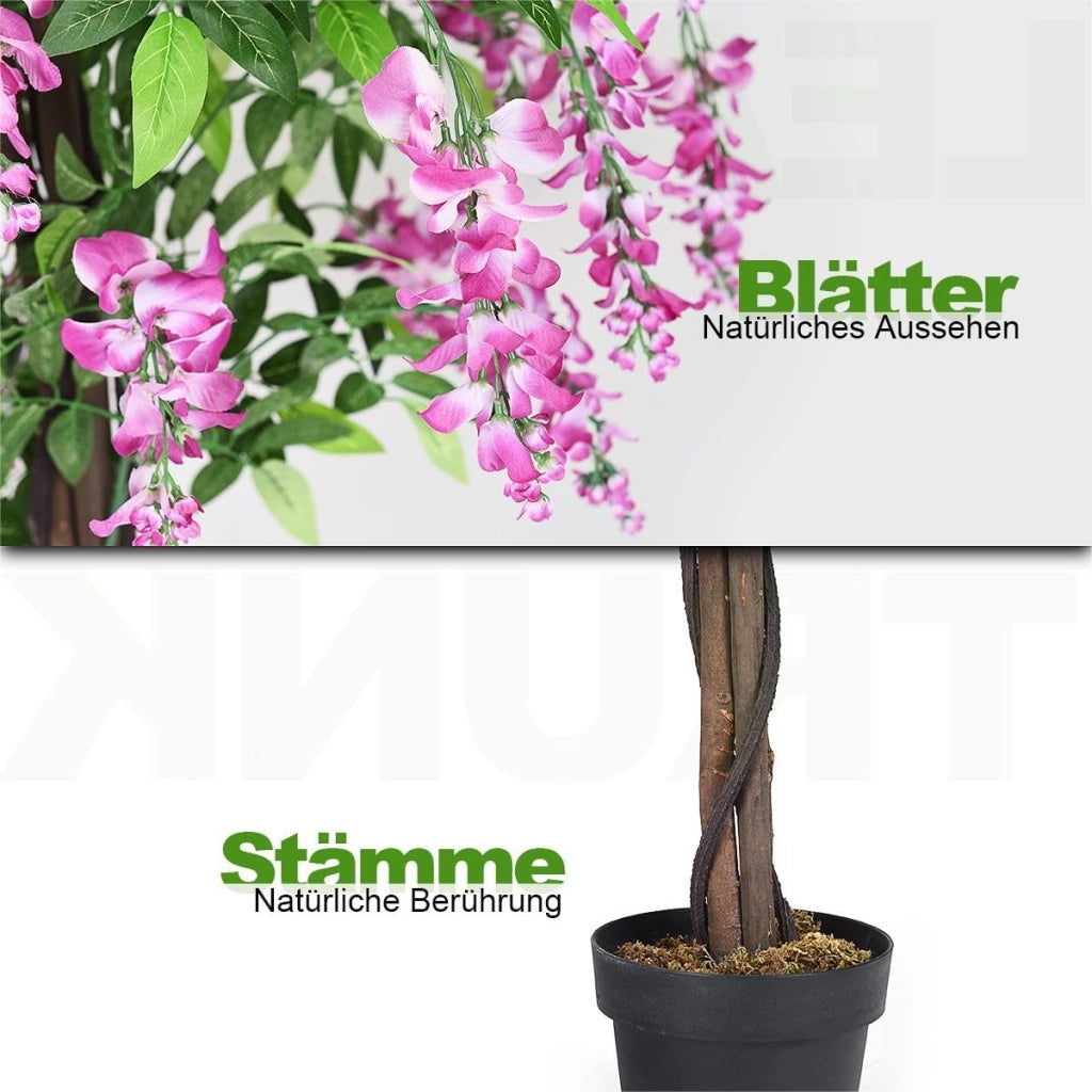 Pianta artificiale Wisteria, albero artificiale con foglie e 2 tronchi, fiori artificiali in vaso, piante decorative, 180 cm