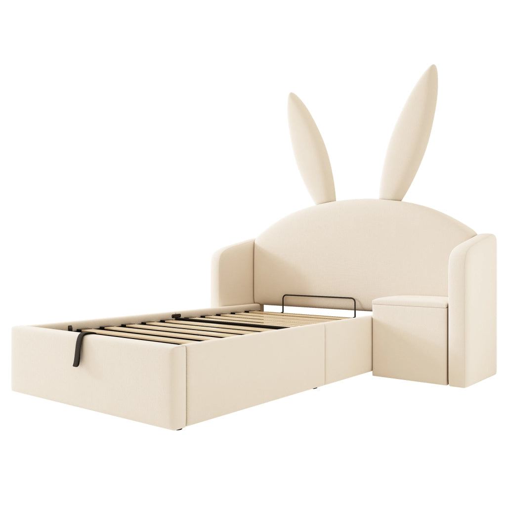 Letto Imbottito Singolo con Contenitore Idraulico e Comodino ¨C MINIMAL ¨C Velluto Beige 90x200